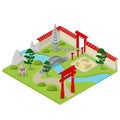 Japanese garden city building bonsai flat 3d isometric vector