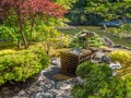 Japanese garden design with water stream and traditional ornaments Royalty Free Stock Photo