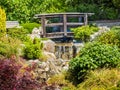 Japanese garden design with waterfall and bridge Royalty Free Stock Photo