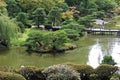 A Japanese Garden filled with trees, a large pond and a wood bridge in Seattle, Washington Royalty Free Stock Photo