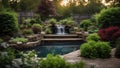 japanese garden with fountain A backyard landscaping with a patio, a waterfall, a pond, a garden, trees, plants, a trellis Royalty Free Stock Photo