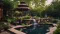 japanese garden with fountain Steam punk backyard landscaping with a patio, a waterfall, a pond, a garden, trees, plants, Royalty Free Stock Photo