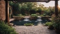 japanese garden in the garden Backyard Garden landscaping with waterfall pond trees plants trellis decor furniture brick pavers