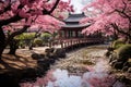 Japanese garden, graced by the delicate beauty of blossomed cherry trees in full bloom, creating a serene and picturesque scene. Royalty Free Stock Photo