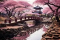 Japanese garden, graced by the delicate beauty of blossomed cherry trees in full bloom, creating a serene and picturesque scene. Royalty Free Stock Photo