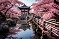 Japanese garden, graced by the delicate beauty of blossomed cherry trees in full bloom, creating a serene and picturesque scene. Royalty Free Stock Photo