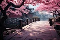 Japanese garden, graced by the delicate beauty of blossomed cherry trees in full bloom, creating a serene and picturesque scene. Royalty Free Stock Photo