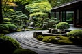 Japanese garden with green trees and stone pathway in Kyoto, Japan, AI Generated Royalty Free Stock Photo