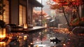 Japanese Garden With Lanterns and Water Reflections Royalty Free Stock Photo