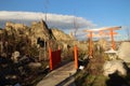 Japanese garden in the Botanical Garden and Narikala fortress in the background in Tbilisi city in winter, Georgia