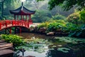 Japanese garden with a pagoda and a red bridge over a pon Royalty Free Stock Photo