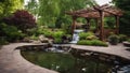 japanese garden pond A backyard landscaping with a patio, a waterfall, a pond, a garden, trees, plants, a trellis Royalty Free Stock Photo