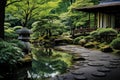 Japanese garden with a pond and a Chinese pavilion. Beautiful estate in the forest in Asia