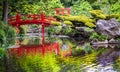 Japanese garden and red bridge Royalty Free Stock Photo