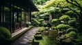 Serene And Calming Japanese Style Garden With Dreamlike Architecture Royalty Free Stock Photo