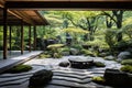 a japanese garden with a stone patio and a stone structure Royalty Free Stock Photo