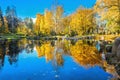 Japanese garden of stones in park Kadriorg with beautiful pond at golden autumn. Tallinn, Estonia Royalty Free Stock Photo