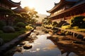 A japanese garden with a stream and rocks, AI Royalty Free Stock Photo