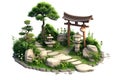 A Japanese garden with a torii gate, rocks, trees, shrubs, and lanterns Royalty Free Stock Photo