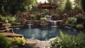 japanese garden with waterfall backyard landscaping with a patio, a waterfall, a pond, a garden, trees, plants, Royalty Free Stock Photo