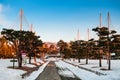 Japanese garden in winter at Aizu Wakamatsu Castle Fukushima, To