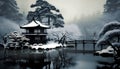 Japanese garden in winter with snow and fog. Black and white. Royalty Free Stock Photo