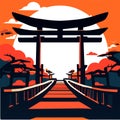 Japanese gate at dusk. Vector illustration in flat cartoon style. Travel concept. Generative AI