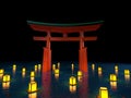 Japanese gate in water with lanterns at night