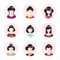 Japanese Geisha in avatars vector flat illustration