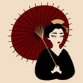 Japanese geisha in black kimono walking with red parasol Royalty Free Stock Photo