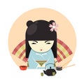 Japanese geisha character in kimono clothing and tea ceremony banner vector illustration. Asian Lady sitting at table