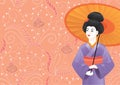 Japanese Geisha girl wearing kimono on pink pattern-background Royalty Free Stock Photo