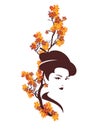 Japanese geisha head and autumn season maple tree branches vector design