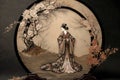 Japanese geisha in a kimono on a round mirror