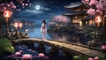 Japanese geisha in a kimono standing on the bridge near pond and temple night scene Royalty Free Stock Photo