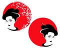 Japanese geisha, red sun and sakura blossom vector design set Royalty Free Stock Photo