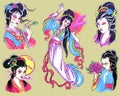 Japanese geisha tattoo flash set. Set of labels and elements. Vector set illustration template tattoo Royalty Free Stock Photo