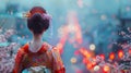 Japanese geisha in vivid kimono, kyoto cityscape, cherry blossom season, wide angle shot