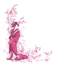 Japanese geisha wearing kimono under blooming sakura tree branches vector design