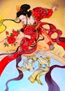 Japanese geisha woman in red kimono, art oil painting