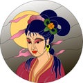 Japanese girl against moon background stained glass pattern