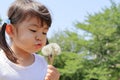 Japanese girl blowing dandelion seeds under the blue sky Royalty Free Stock Photo