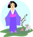 Japanese Girl with Dog and Plant Royalty Free Stock Photo