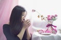 Japanese the girl is drinking tea. Royalty Free Stock Photo