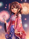 Japanese girl in kimono with fireworks in the night sky