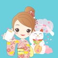 Japanese girl with lucky cat Royalty Free Stock Photo