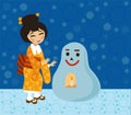 Japanese girl near a traditional snowman Royalty Free Stock Photo