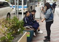 Japanese girl playing with a kendama.