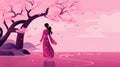 Japanese girl silhouette, sakura blossom,