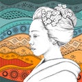 Japanese girl in traditional clothing. Geisha. Vector illustration